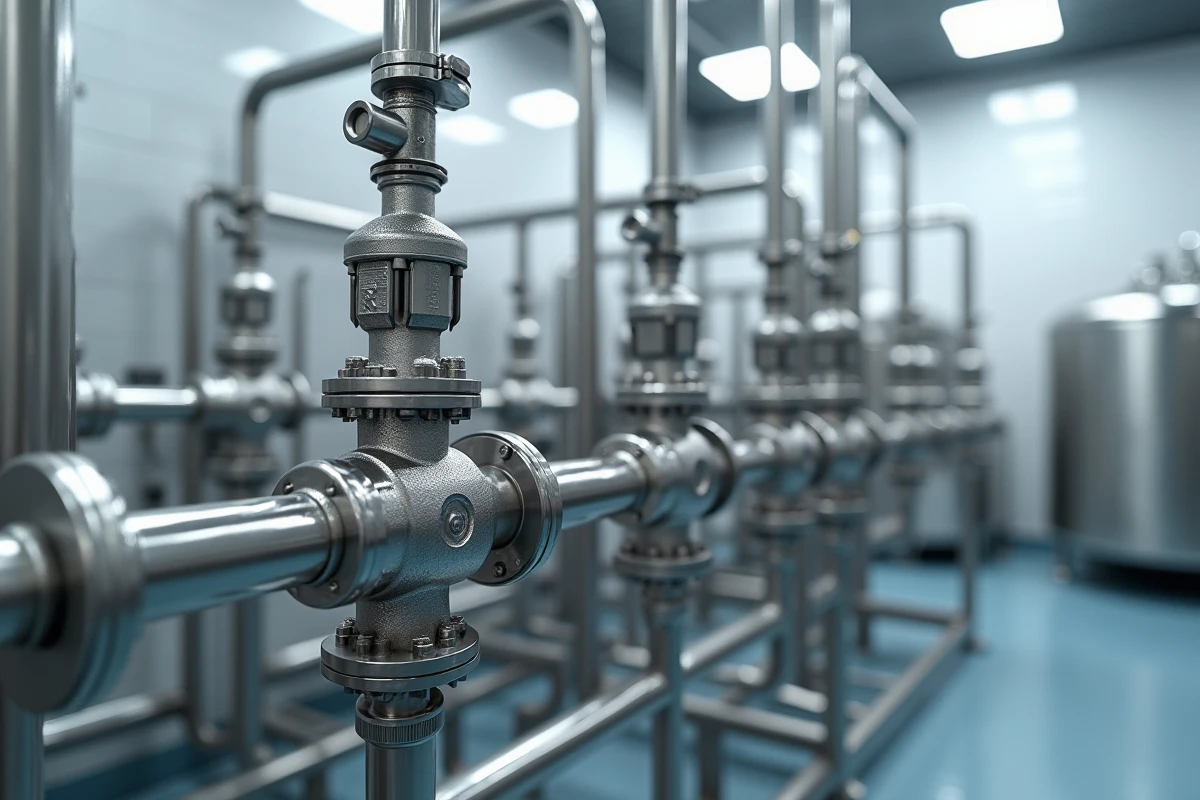 Station CIP industrielle avec réseau de tubes inox de différents diamètres, raccords soudés et vannes papillon dans une salle de fabrication pharmaceutique