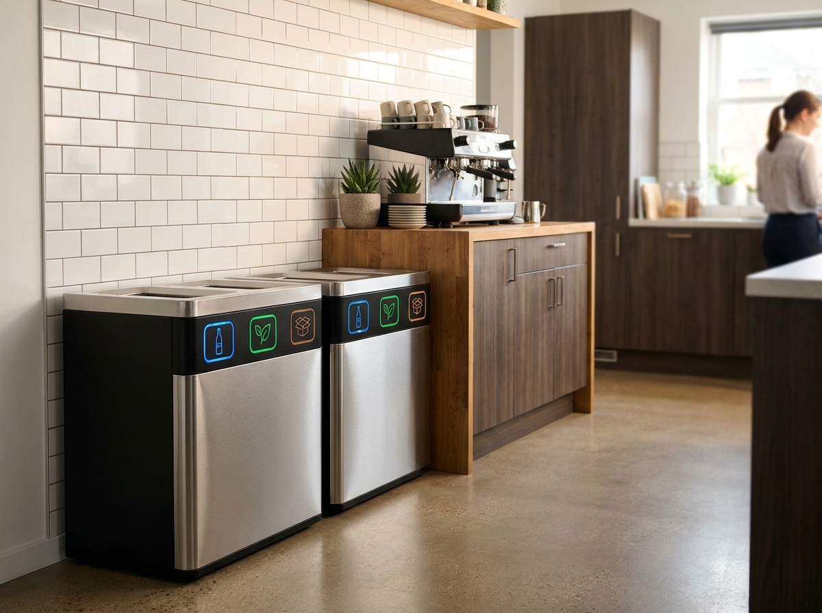 Cuisine de bureau avec station de tri sélectif en acier brossé et noir mat intégrée harmonieusement dans l'espace break