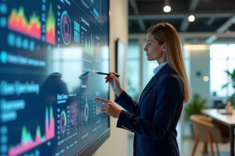 Stratège marketing analysant des indicateurs de performance consommateur sur un tableau de bord digital en entreprise