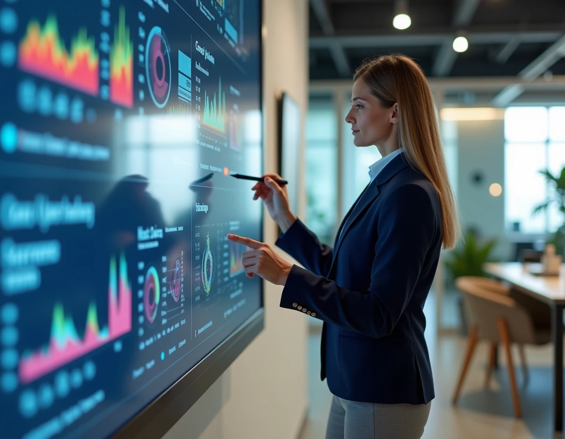 Stratège marketing analysant des indicateurs de performance consommateur sur un tableau de bord digital en entreprise