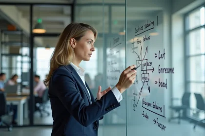 Dirigeante d'entreprise analysant une stratégie de domination par les coûts vs différenciation sur un tableau blanc en entreprise