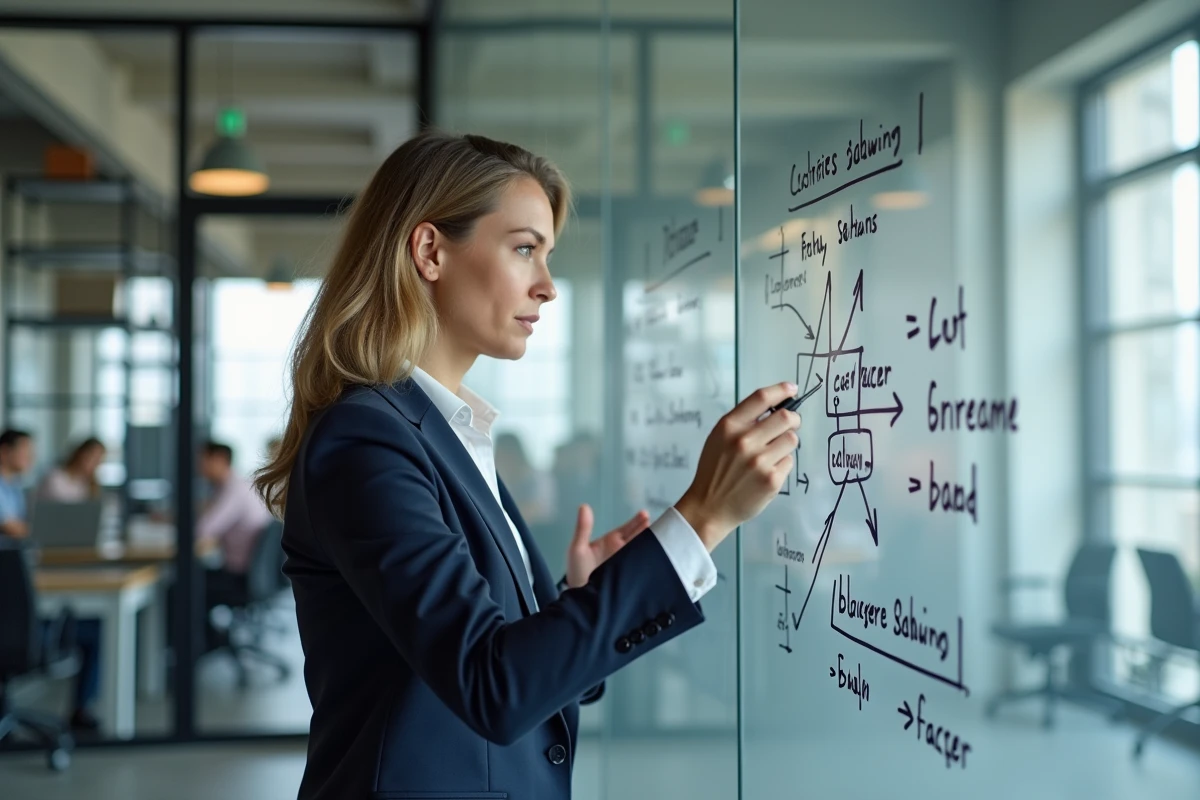 Dirigeante d'entreprise analysant une stratégie de domination par les coûts vs différenciation sur un tableau blanc en entreprise