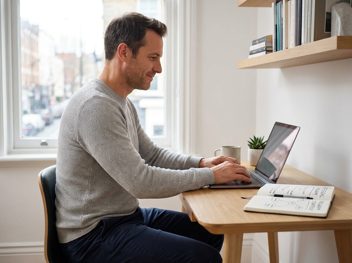 Entrepreneur masculin travaillant sur une stratégie de programme de parrainage depuis son bureau à domicile minimaliste
