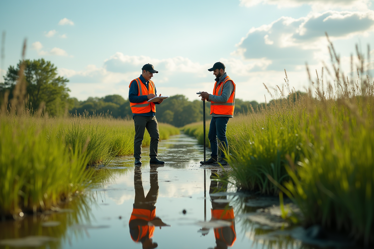 Scientifiques en nature surveillant une zone humide verte