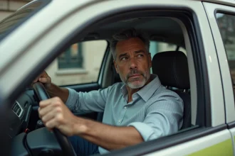 Conducteur de taxi parisien pensif au volant