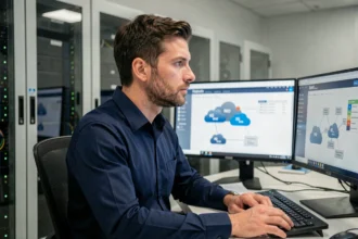 Technicien informatique configurant une solution de sauvegarde cloud ou locale sur un poste de travail en salle des serveurs
