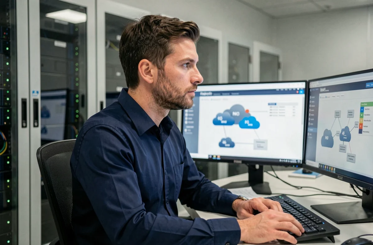 Technicien informatique configurant une solution de sauvegarde cloud ou locale sur un poste de travail en salle des serveurs