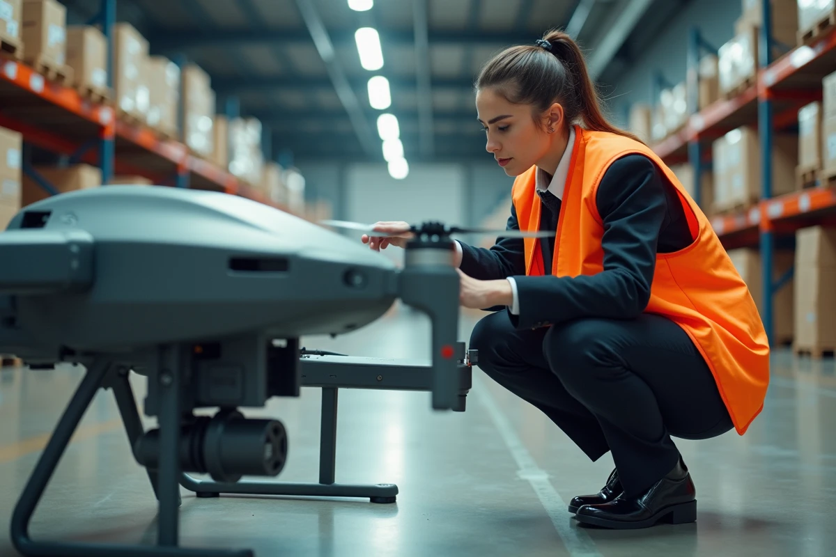 Technicien drone inspectant un cargo dans un centre logistique