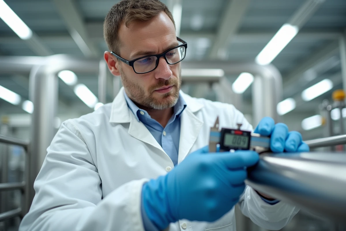 Technicien mesurant le diamètre extérieur d'un tube inox sanitaire avec un pied à coulisse numérique dans une usine agroalimentaire