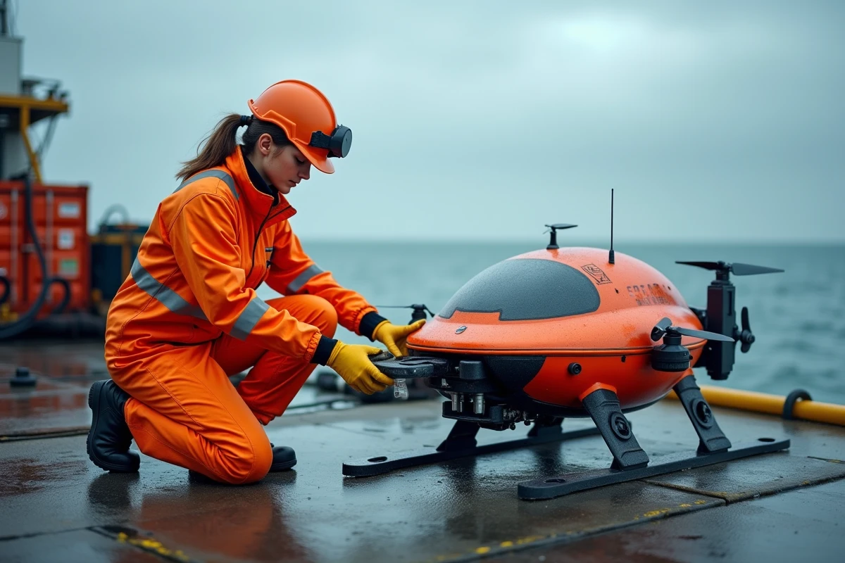 Technicienne en combinaison orange avec drone sous-marin