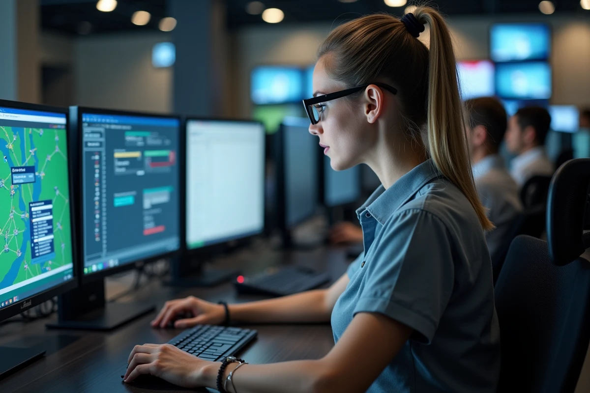 Technicienne en radiocommunications configurant un logiciel d'interop&eacute;rabilit&eacute; radio dans un centre de dispatch de s&eacute;curit&eacute; civile