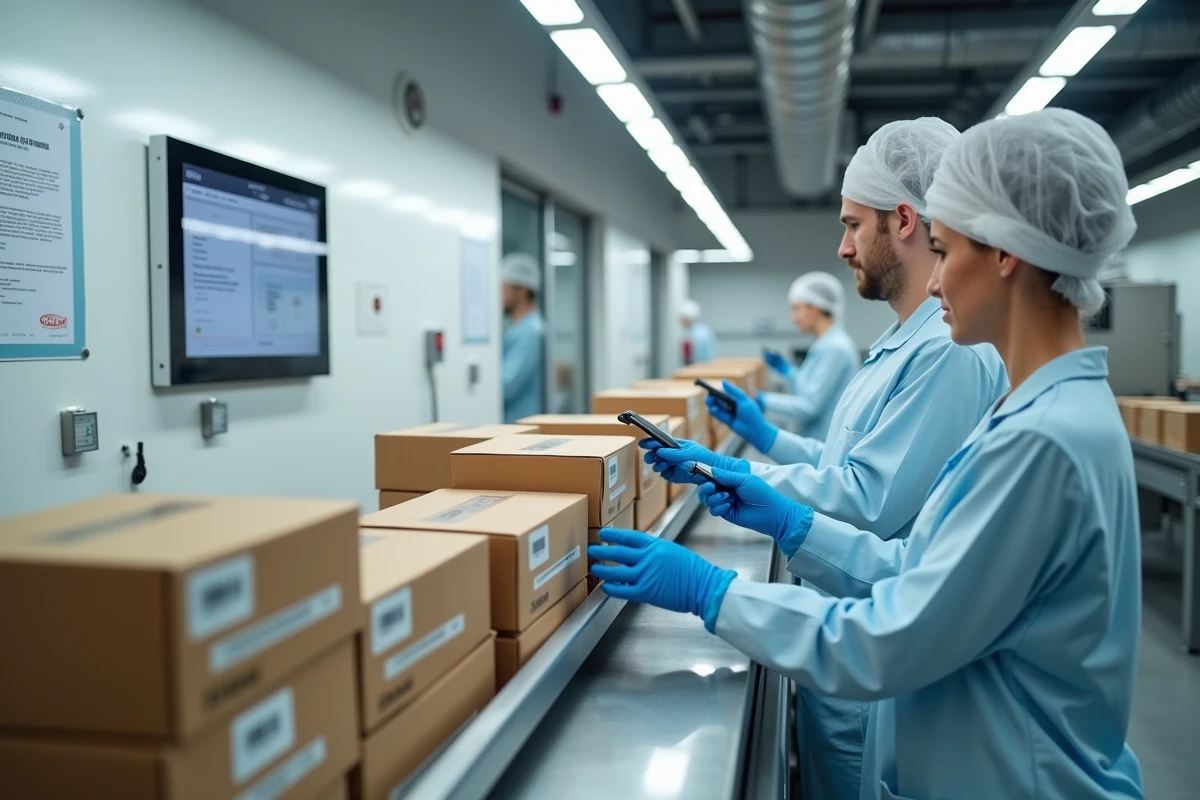 Techniciens scannant des boîtes de produits sur un convoyeur dans un entrepôt de traçabilité certifié pour la conformité douanière