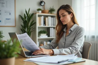 Femme en télétravail consultant des documents fiscaux à son bureau à domicile en France
