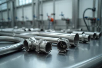 Tubes inox sanitaires et raccords tri-clamp pour circuit CIP posés sur un établi en acier inoxydable, avec marquages de diamètre visibles