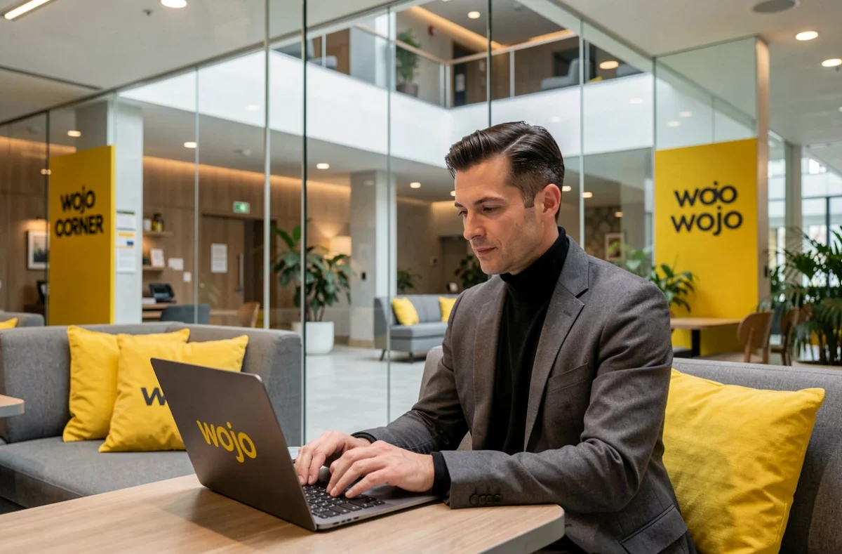 Wojo Corner au Havre avec un professionnel travaillant dans un espace lounge contemporain aux accents jaunes